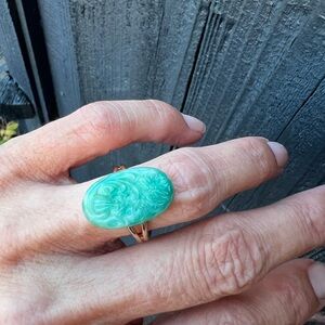 Green Peking Glass Vintage Ring Molded Flowers Faux Jade Gold Tone Embossed